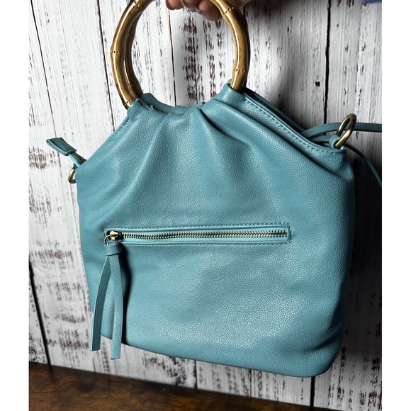 JOY SUSAN Stacey Bamboo Hand Tote Bag Vegan Leather Turquoise New Crossbody - Picture 12 of 13